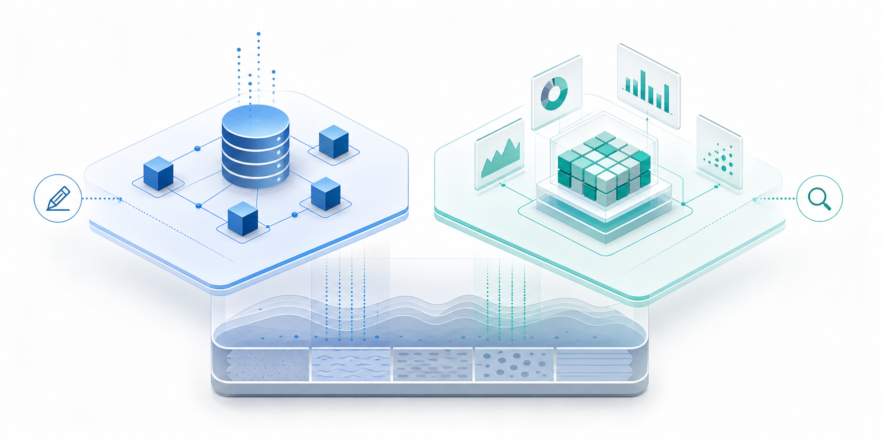 Abstract concept visual showing two parallel data-processing planes over a shared storage foundation.